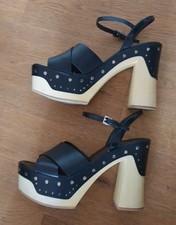 PRADA Plateau Sandalen Schwarz Leder Holz Nieten Vitello Bicolor Größe 39,5