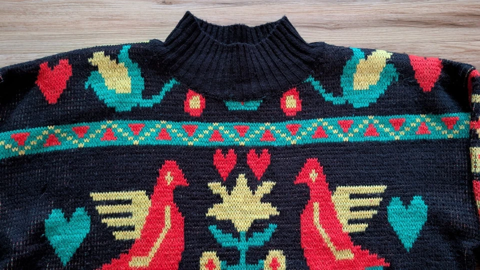 Suéter Feo Vintage Vibes Mujer M Negro Colorido Geo Flor Pájaro Amor Retro Años 80 Foto 4 de 4