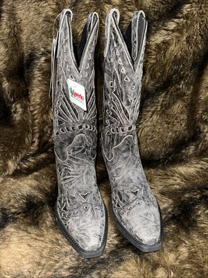 LAREDO WESTERN GRAY LEATHER BLACK SEQUIN POINTED TOE BOOTS WOMEN S SZ 8.5 MED