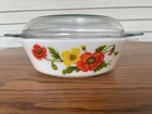 Vintage PYREX England Floral Flower Red Yellow Orange Casserole Dish With Lid