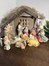 Vintage 80  s Christmas Nativity Set 12 Static Piece Ceramic Wood Creche/ Manger