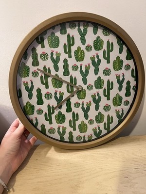 14 inch diameter Gold Rimmed Cactus Clock with Glass Face Battery Operated