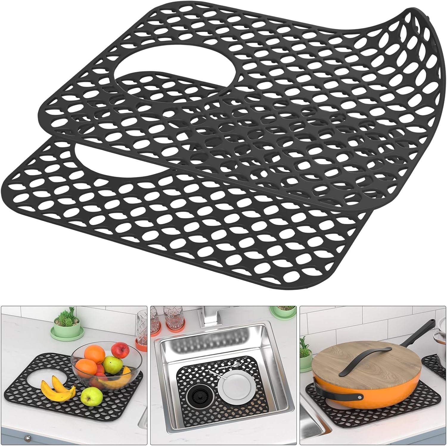 TOOVEM Kitchen Silicone Sink Mat Non-Slip Heat Resistant Drain Side Drain 2PCS