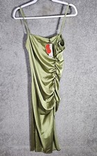 Cider Slip Dress Womens Sz Large Green Side Ruched Stretch Sleeveless Side Slit