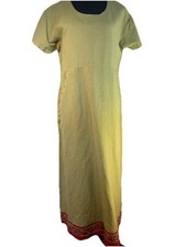 Vtg ALY WEAR Dress SZ M Linen Blend Maxi Dress Embroidered Hem Green Resort