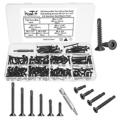 205Pcs Torx Drive High-Strength Quick Tapping Screws for Metal, Black #8X1/2 to 
