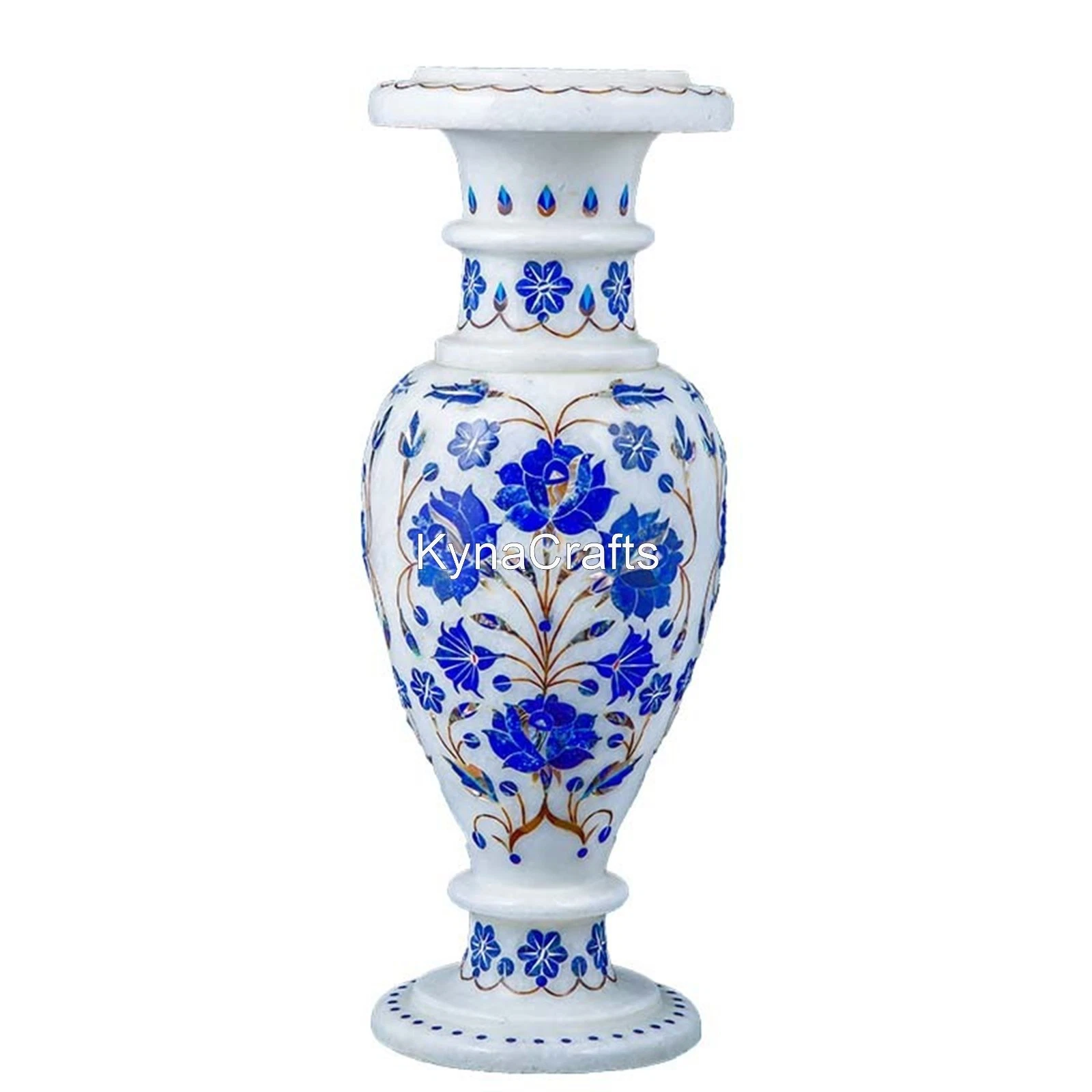 Lapis Lazuli Flower Pot with Inlay Work 12 Inches White Marble Indoor Plant Vase