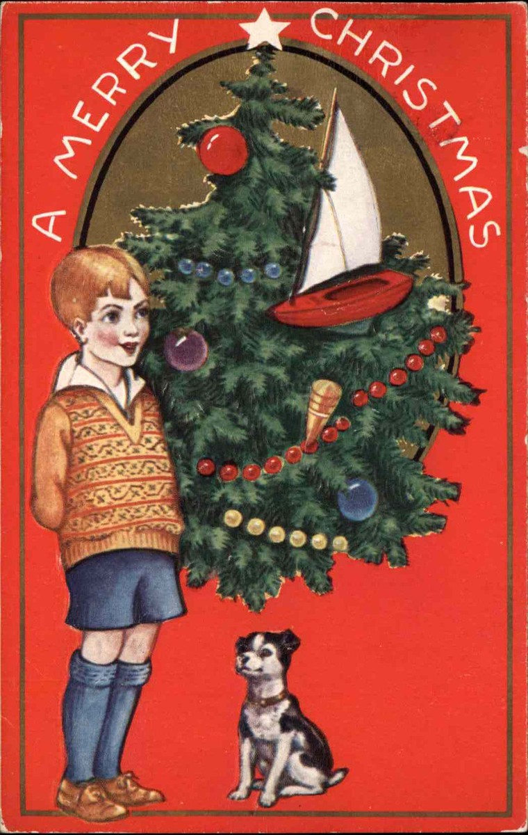 Christmas Boy Dog Jack Russell Toy Sailboat Gilt Embossed