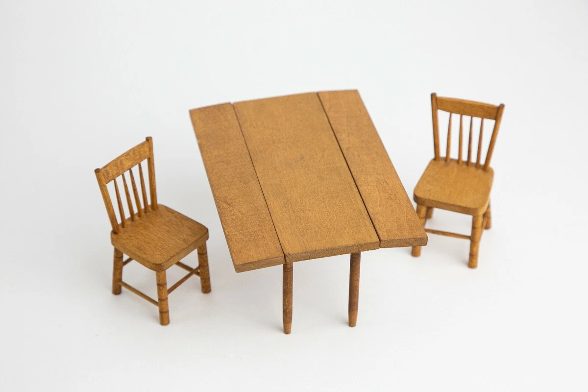 Artisan Signed Dollhouse Furniture Wooden Drop Leaf Table Chairs