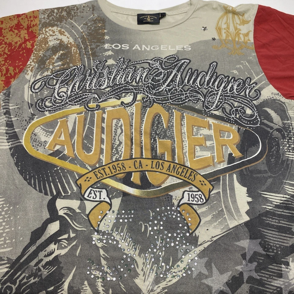 Camisa masculina Christian Audigier L charmosa cravejada estampa total cavalo unicórnio AOP - Imagem 3 de 4