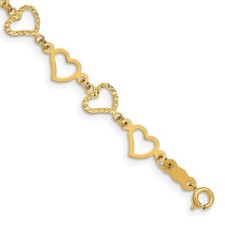 Real 14kt Yellow Gold Flat Diamond Cut Open Hearts Chain Bracelet; 7.25 inch