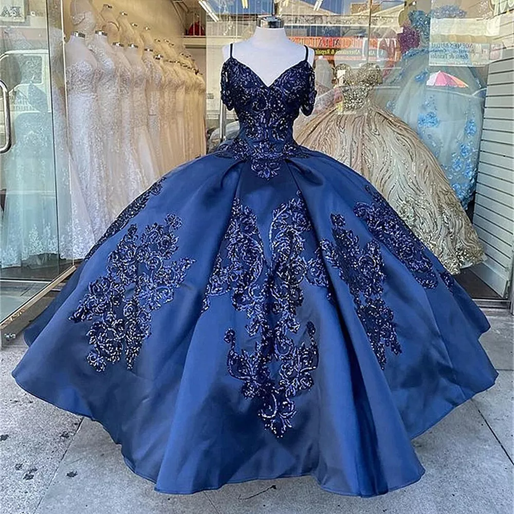 Navy Blue Quinceanera Dresses Princess Satin Sweet 16 Beaded Applique Ball Gowns