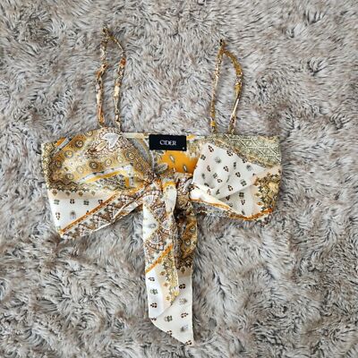 Cider Boho Paisley Tie Front Crop Tank Top Mustard Yellow Size Small