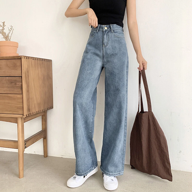 Loose Denim Pants Jeans Trousers Lady Wide Leg High Waist Retro Casual  Straight