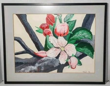 Vtg Art Original Signed Floral Framed 20"X 16" Pink Red Non-glare Matted OOAK