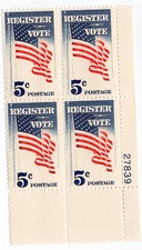 Scott #1249 Register to Vote 5¢ Plate Block of 4 Stamps - MNH