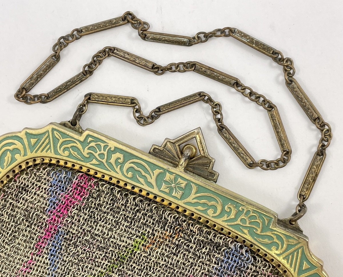 ANTIQUE EVANS PAINTED CHAIN MESH PURSE ~1920-1930 Art Deco EXC