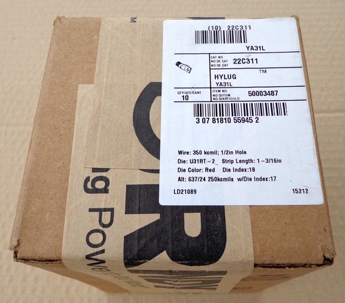 BURNDY YA31L One Hole Compress Lug, 350 kcmil, box of 10 NEW!! - Picture 4 of 6