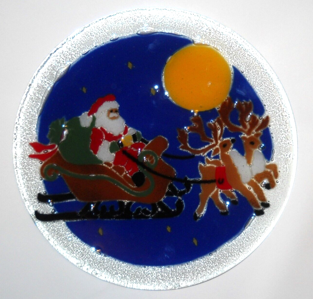 Peggy Karr Glass Santa Claus Sleigh Reindeer Moon 11