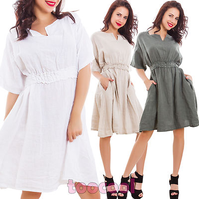 Vestito donna lino estivo skater miniabito maniche corte elegante - Main Image