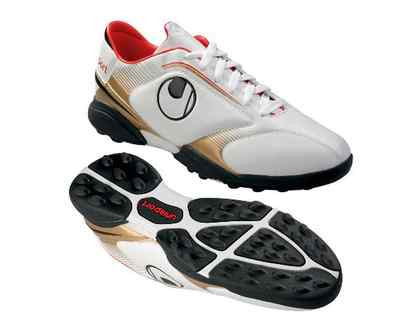 New NIB Authentic UHLSPORT KICKSCHUH TFR Soccer Turf Shoe White - Gold US 6.5