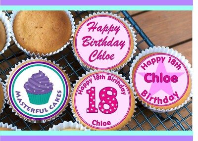 24 Personalised 18th Birthday Des 4 Cupcake Toppers Rice Wafer