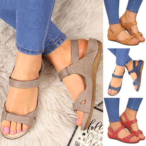 Sandalias planas de ajuste ancho con correa al tobillo para mujer talla de zapato de playa de verano - Imagen 4 de 19