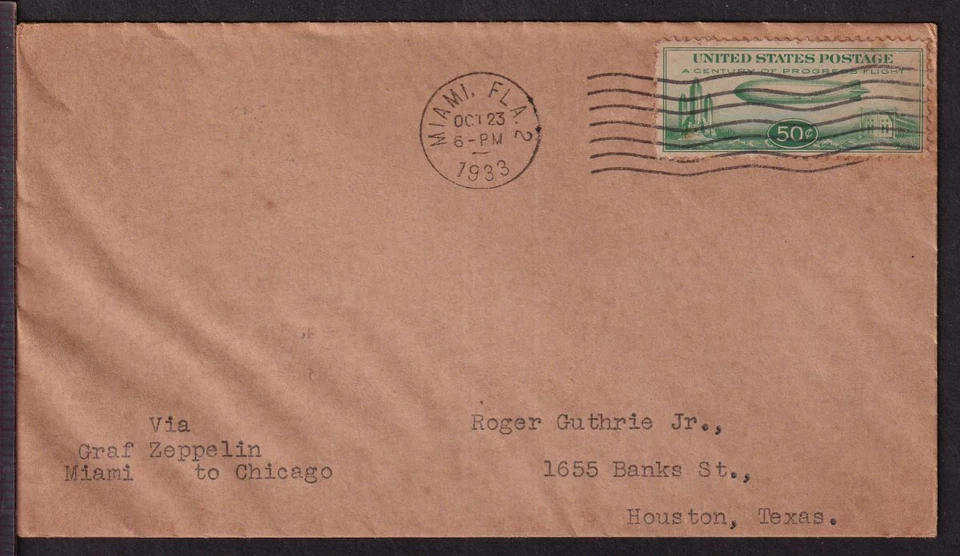 1933 Graf Zeppelin flight cover Sc C18 Miami to Chicago Century of Progress - Image 2 of 3