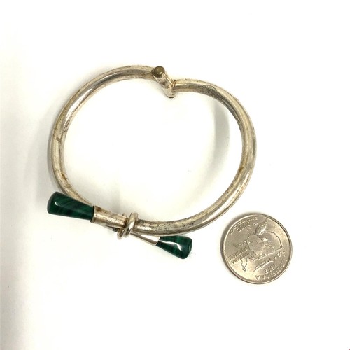 Vtg Signed Mexico Sterling Retro Modern Malachite Bypass Hinge Bracelet sz 6 1/2 - Picture 4 of 9