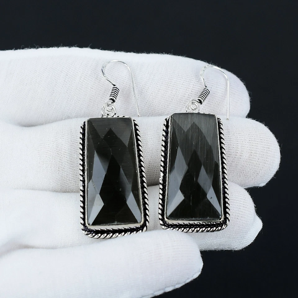 Orecchino In Onice Nero In Argento Sterling 925 Bellissimo Orecchino In Gemma. - Immagine 2 di 4