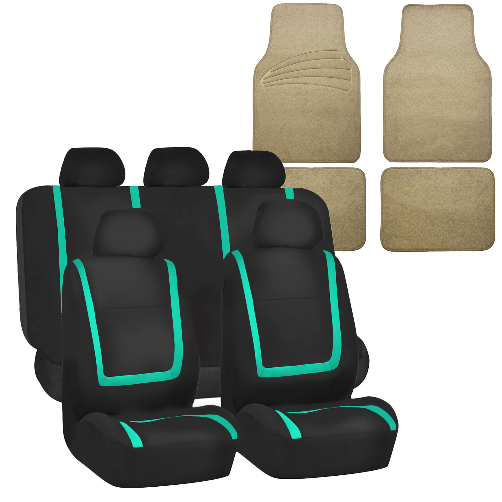 Universal Seat Covers For Auto Car Suv Van Mint Full Set w/ Beige Floor Mats