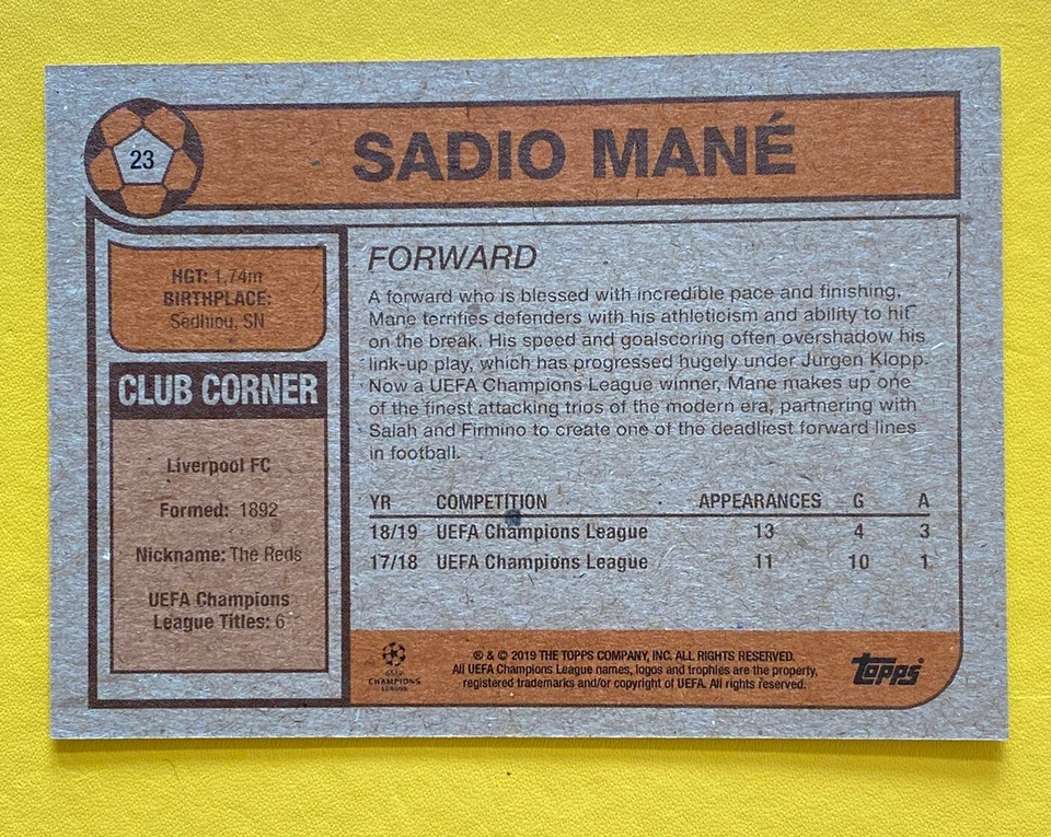 Sadio Mane Liverpool - 2019 Topps UEFA Champions League Living Set #23 - PR/ 466 - Image 2 of 3