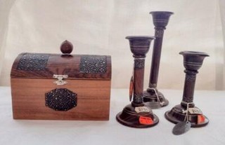 Vtg Villeroy & Boch Wood Candlesticks Recipe Box Set MCM Hammered Metal NWT New