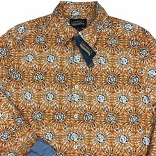 Men's CREMIEUX Long Sleeve Shirt M Medium Orange White Geometric Print New NICE