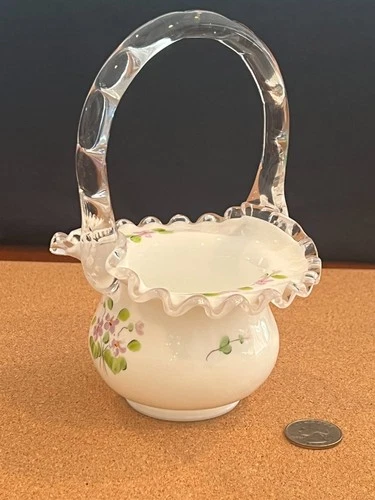 Fenton Violets Basket White Milk Glass Hand Painted Vintage Collectible