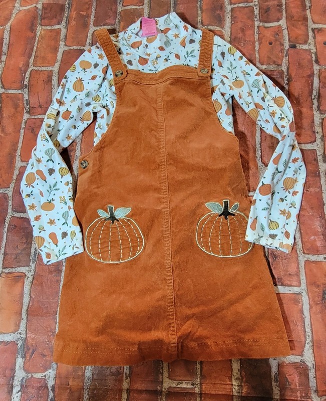 Isaac Mizrahi Fall Corduroy Jumper Dress Set Sz 7 Pumpkin Print Long Sleeve