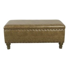 Traditional Brown Leather Upholstered Bench with Nailhead Trim and Turned Wood Legs — listing 3