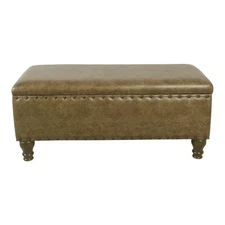HomePop Traditional Faux Leather Large Storage Bench with Nailhead Trim in Brown