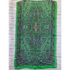 Vintage Pure Silk Paisley Scarf Green Pink Floral Rectangle Made in India 31x18