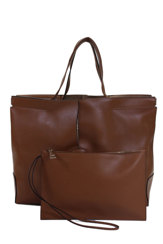 Tods Womens Double Handle Open Top Medium Leather Shopping Tote Handbag Brown