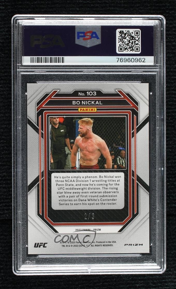 2023 Panini Prizm UFC FOTL Gold Shimmer Prizm 2/3 Bo Nickal #103 PSA 9 Rookie RC view 2
