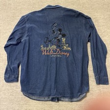 Disney Store Vintage Mickey Mouse Embroidered Denim Button Up Shirt Men's Size L