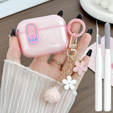 Cute MagSafe AirPods Pro 2 Case with Pom Pom Flower Charm  Cleaner Kit Pink