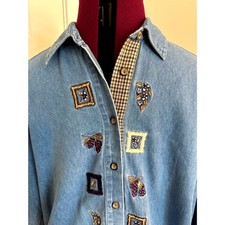Koret Vintage Denim Embroidered Button Down Shirt Grapes Floral XL/Cottagecore