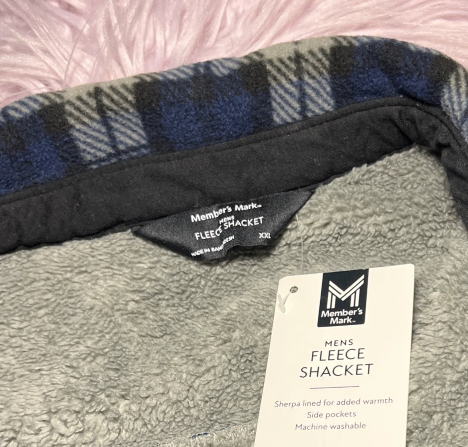 NWT Members Mark Fleece Sherpa Shacket Jacket Plaid Blue Workwear Pockets 2XL - product detail image 14