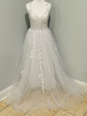 White Wedding dress With Lace Up Back And Floral Straps