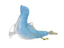 Glass Seal Christmas Tree Ornament Blue Glitter Beach Sealife Coastal 4.75"