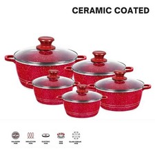 5 Pcs Red Ceramic Coated Cookware Non Stick Aluminium Stockpots With Glass Lid