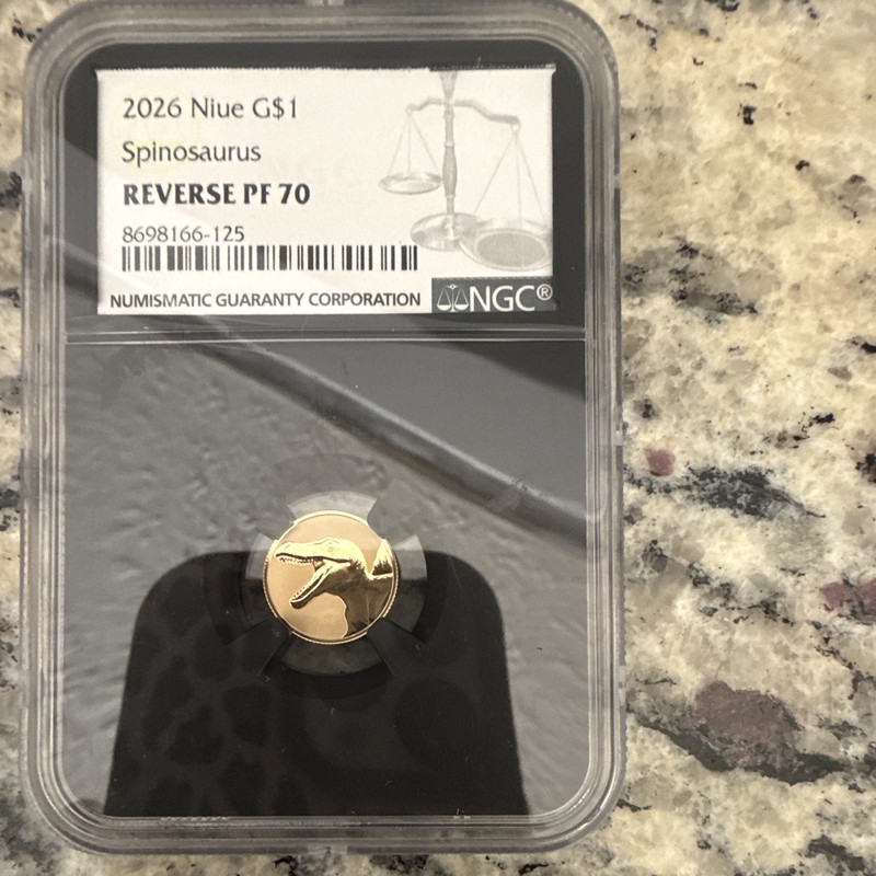 2026 Niue G$1 Spinosaurus Gold Coin NGC Reverse PF70 Variety Spinosaurus