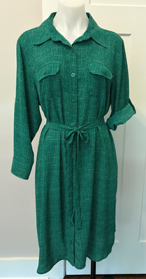 CABI Womens Shirt DRESS 3/4 Tab Sleeve GREEN White DOT Belted #429 Size XL